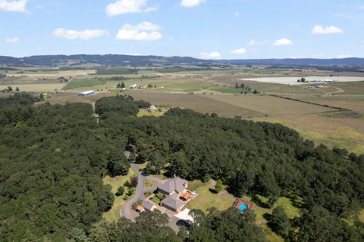 This exterior image showcases the spacious home nestled amid surrounding woods and open fields, with a clear view of the driveway leading into the property. The trees and expansive grounds reflect the scale and natural beauty described in the section.