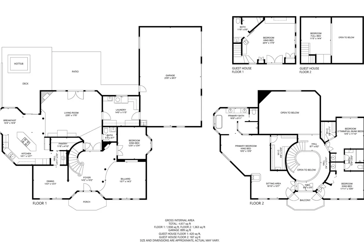 A spacious open-plan living area that seamlessly connects to the outdoors, showcasing the main house, guest house, living room, kitchen, dining area, and large windows with views of the surrounding landscape. The scene hints at the patio and the broader estate beyond, inviting guests and their pets to relax together after a day of adventure.