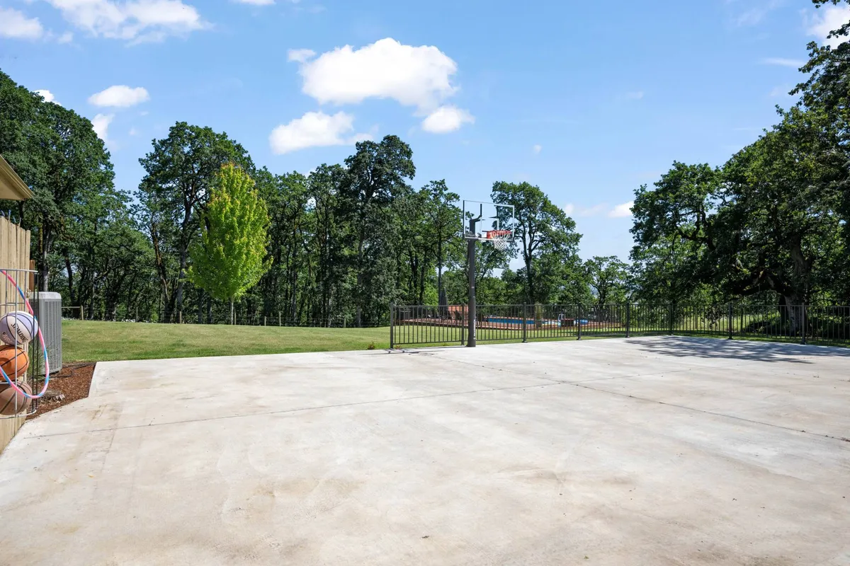 An energetic outdoor court area with a basketball hoop set against a backdrop of lush green trees. The space is open and inviting, ideal for family games, quick matches, and outdoor activity.
